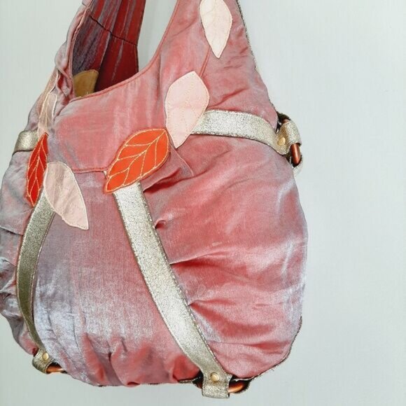 LOOP Boho Crossbody Hobo Leaf Applique Purse Shoulder Bag Mauve - Picture 13 of 15